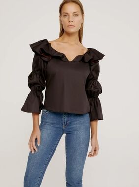 NWT Harshman Jura Black Ruffle Bell Sleeve Blouse Sz.L